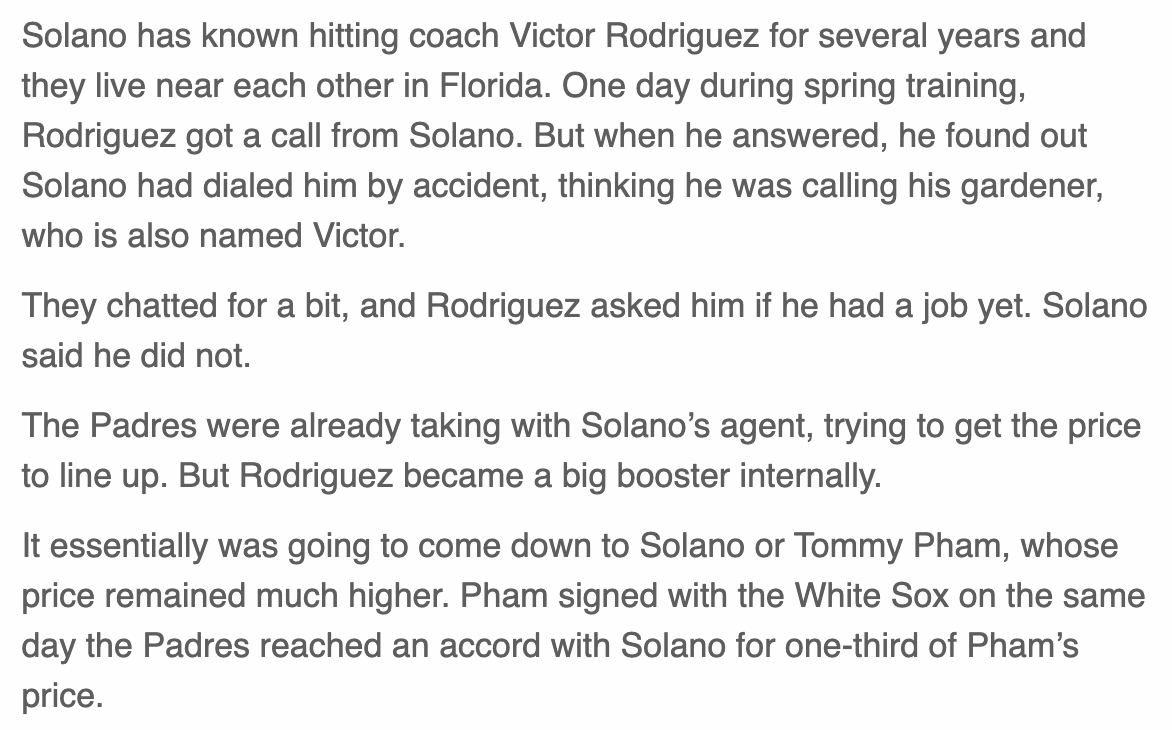 An incredible anecdote from @sdutKevinAcee on part of how Donovan Solano  signed with the Padres. Solano thought he was calling his gardener named  Victor. He was actually calling Padres hitting coach Victor
