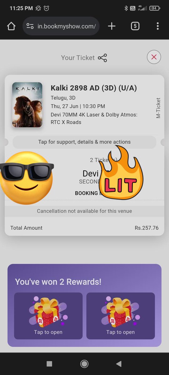 sagar72722's tweet photo. 2 tickets available for 500 each 1st day 🔥🔥🔥 anna cinema maku verey dagara dorkinai ani isthuna mawa grab youre tickets genuine unte ne comment veturi 🤝🤝 #KALKI2898AD‌ #KALKI2898AD‌Bookings #KALKI2898AD‌OnJune27th #PRABHAS https://t.co/0UUP01YEnW