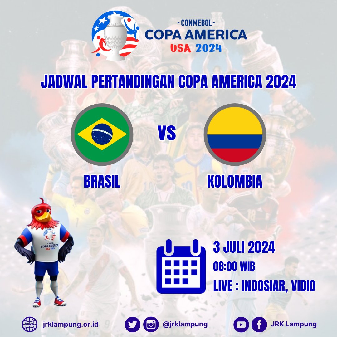 Jadwal Copa America 2024

Brasil vs Kolombia

3 Juli 2024 (05:00)

Live  Indosiar &amp; Vidio

#copaamerica
#football
#sepakbola
#jrklampung
#jrkl
#lampung