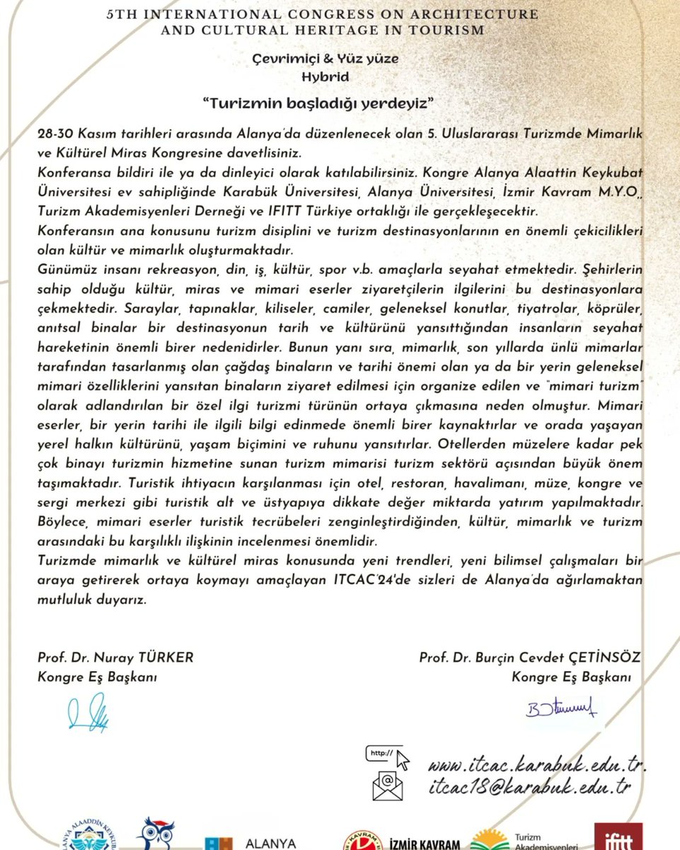 5.Uluslararası Turizmde Mimarlik ve Kültürel Miras Kongresi 28- 30 Kasım 2024 tarihinde çevrim içi ve yüz yüze olarak Alanya'da gerçekleştirilecektir.
@alanyaalku @karabukuniversitesiii <a href="/alanyauniv/">Alanya Üniversitesi</a> <a href="/ikmyo/">İKMYO</a> <a href="/TUADER_TR/">Turizm Akademisyenleri Derneği</a> @turkiyeifitt