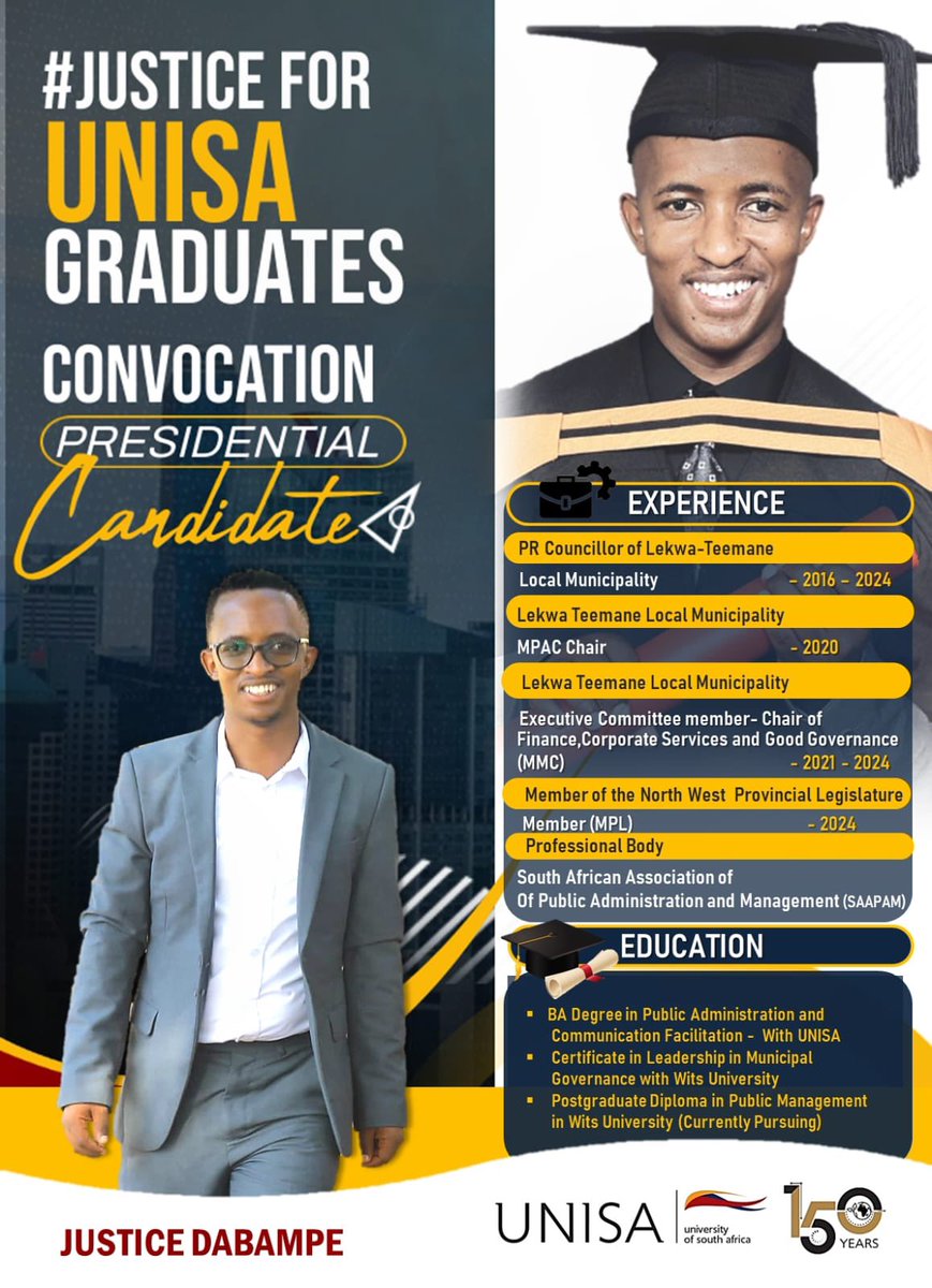 KamogeloFrans's tweet photo. We humbly urge UNISA graduates to Vote for Justice Dabampe for UNISA Convocation President 🙏 Unisa Graduates https://t.co/6lgJxNdy8g