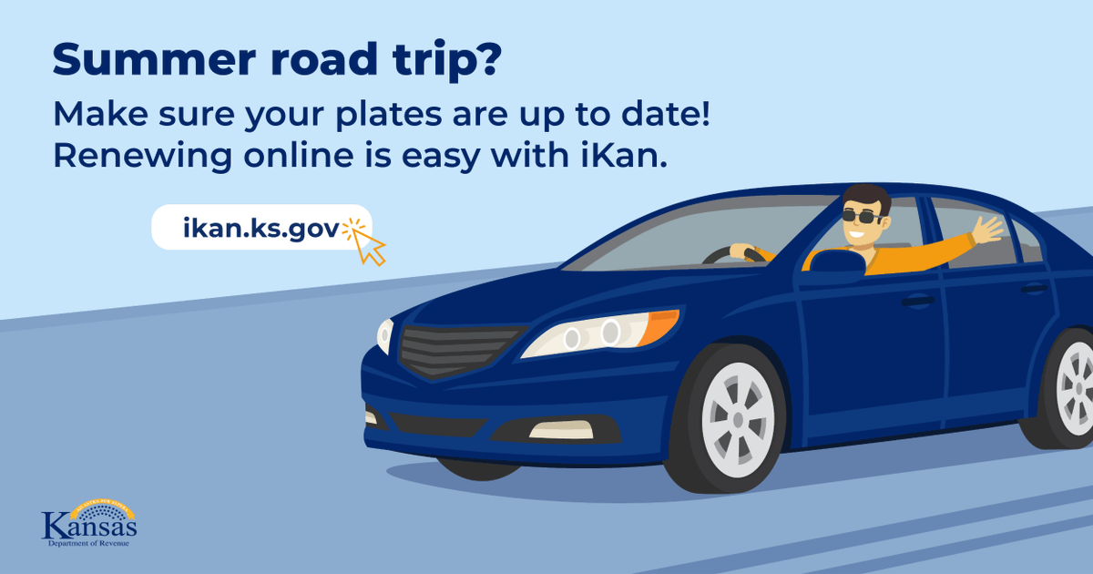 Summer is here! Get road trip ready with iKan! 🚗 Renew your vehicle registration before you hit the road at ikan.ks.gov.