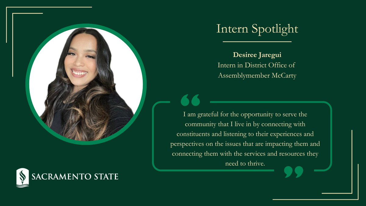 Summer Intern Spotlight!

Desiree is serving her local community this summer, interning in the district office of @AsmKevinMcCarty. We look forward to watching her professional growth. #internships #sacstate #publicservice