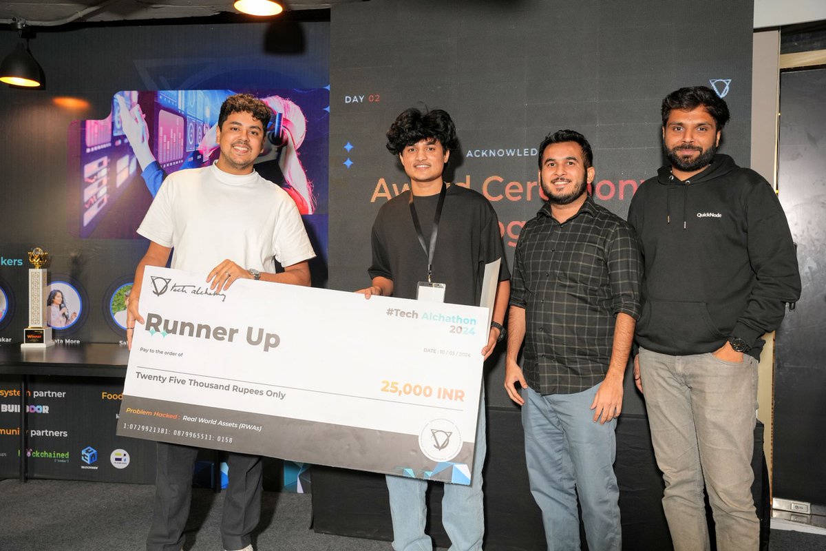 nxv3d's tweet image. 🚀#Throwback to my 1st ever hackathon at @TechAlchemy#TechAlchathon2024!🏆  Thrilled to have snagged 2nd place solo by building an RWA ecosystem in just 1 day. #blockchain #hackathon