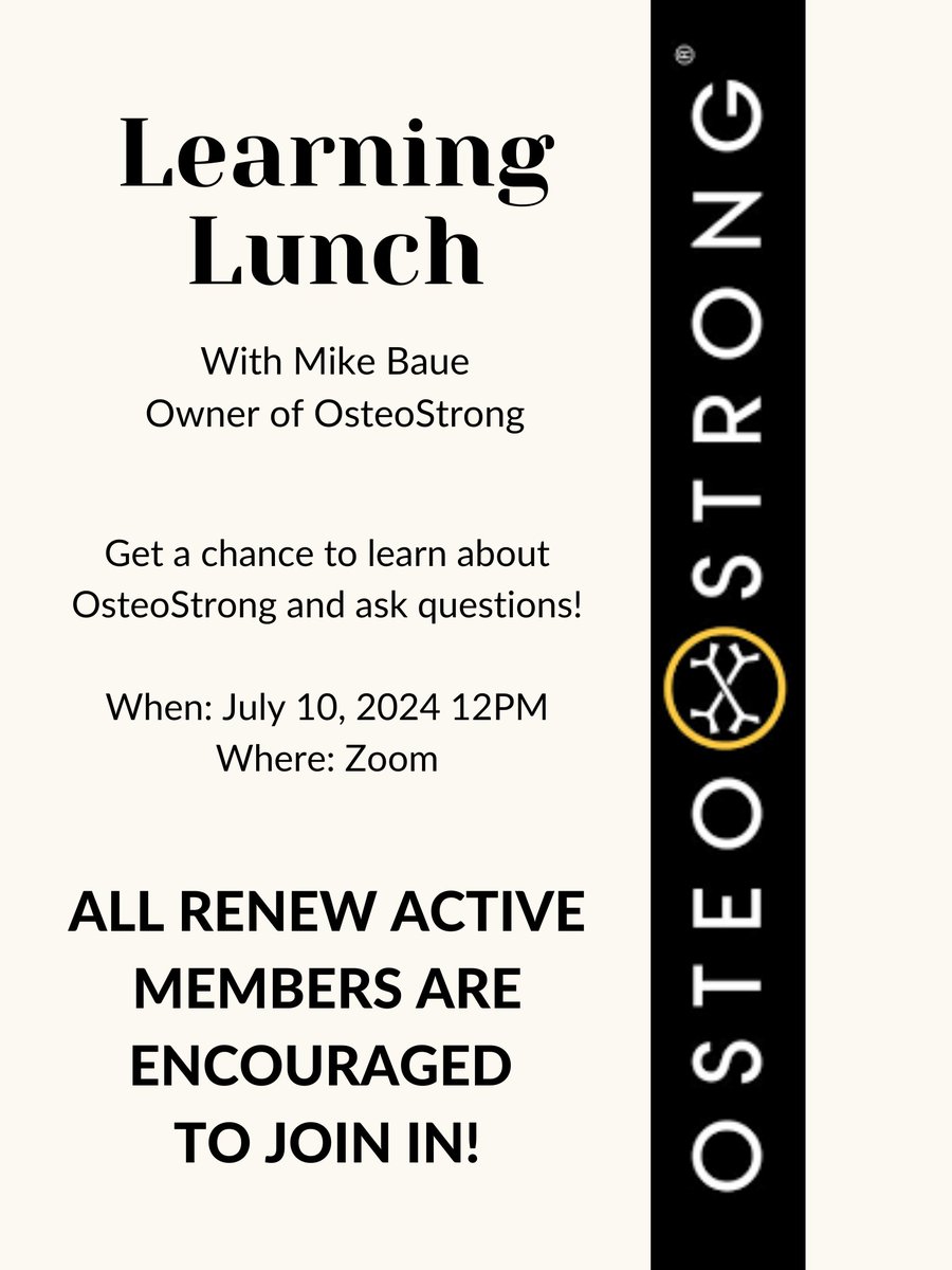 MikeBaue's tweet image. Interested in learning more about OsteoStrong? Join the owner for a lunch full of learning!

𝗔𝗟𝗟 𝗥𝗘𝗡𝗘𝗪 𝗔𝗖𝗧𝗜𝗩𝗘 𝗠𝗘𝗠𝗕𝗘𝗥𝗦 𝗔𝗥𝗘 𝗘𝗡𝗖𝗢𝗨𝗥𝗔𝗚𝗘𝗗 𝗧𝗢 𝗝𝗢𝗜𝗡!

Click the link below to register:
eventbrite.com/e/learning-lun…

#learninglunch #osteostrong #goodinfo