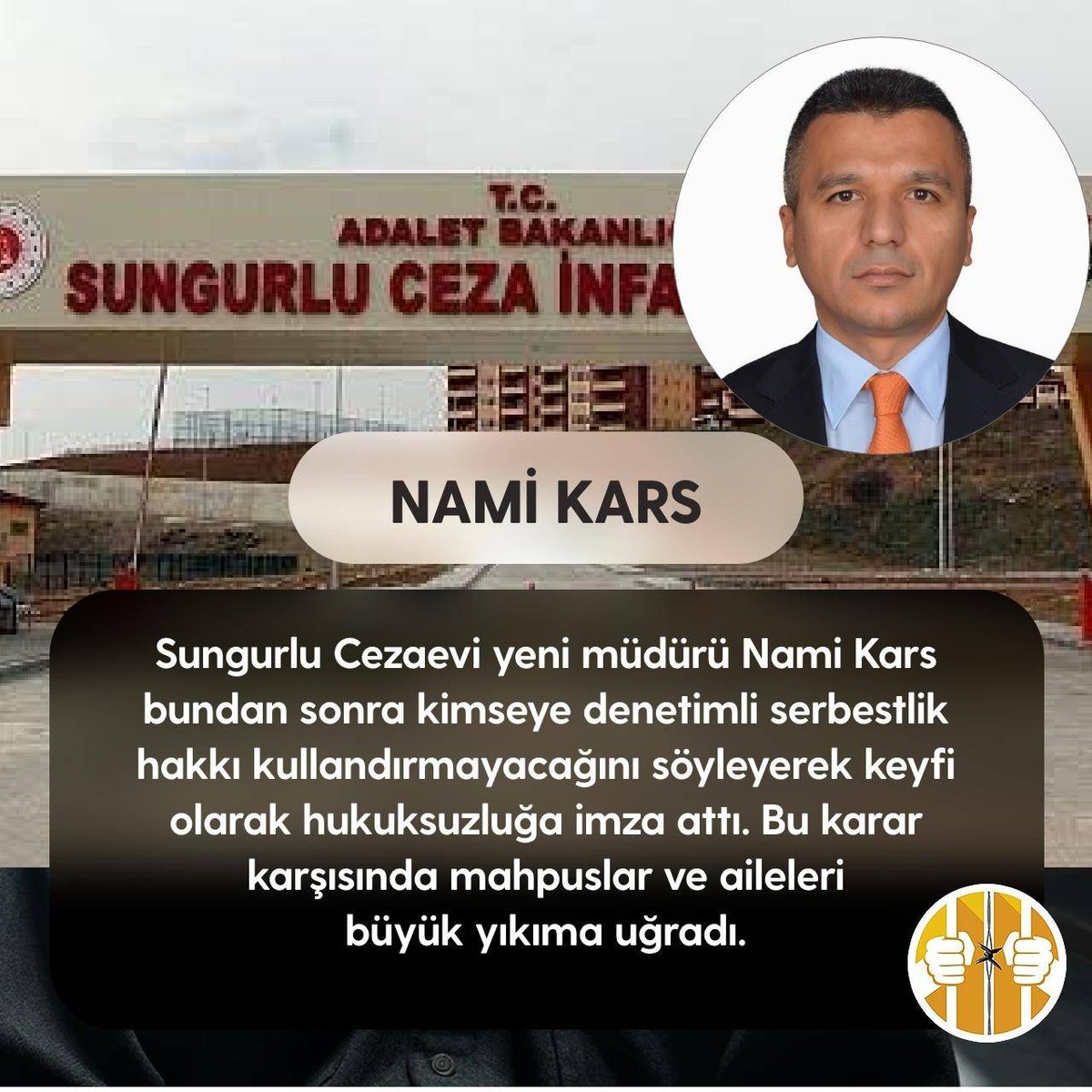 cezaeviihlaller's tweet photo. DENETİMLİ SERBESTLİK BİR HAKTIR. ENGELLEMEK SUÇTUR. 

Sungurlu Cezaevi'nde mahpuslara denetimli serbestlik hakları verilmiyor. Cezaevi müdürü Nami Kars 'Kimseye denetimli vermiyorum' diyerek hukuksuzluğa imza attı. @ctekurumsal

Rafa Silva Kaptan #deprem
ŞerifeSulukan ÖzgürOlsun https://t.co/GCJsKwPqG4