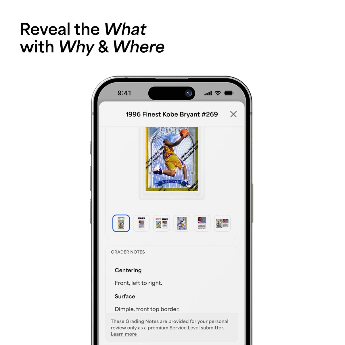 PSAcard's tweet photo. INTRODUCING: Grader Notes

We're bringing clarity to grade reveals, detailing the card defects detected during authentication & grading.

Effective for orders received after June 14, Grader Notes are included with Express-level submissions and above.

ℹ️ https://t.co/MgUQSiHUlG