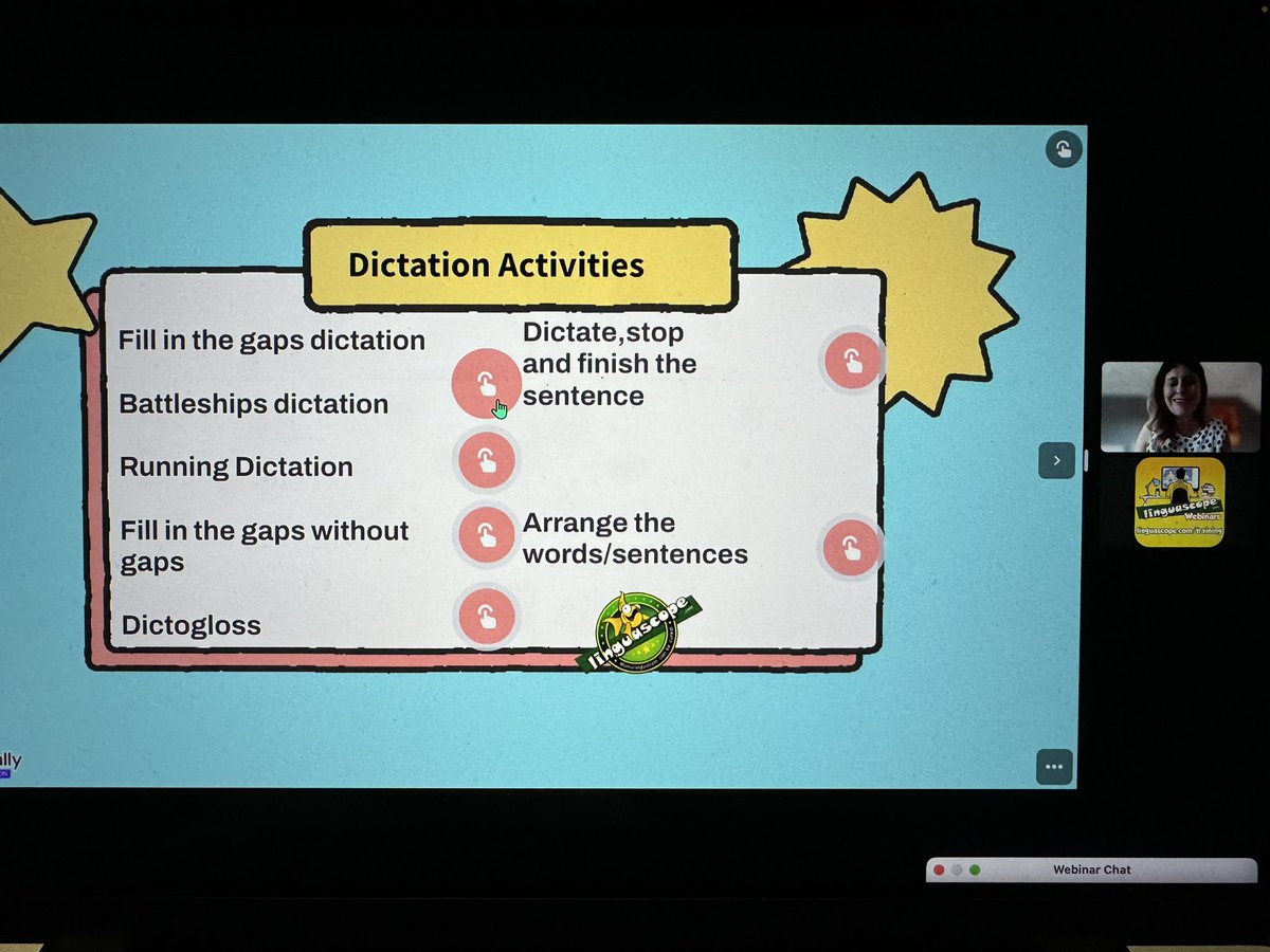 CristaHazell's tweet photo. Some fantastic ideas to develop language skills and #retrievalpractice of core vocabulary in my lessons says @BotonesSalgado in tonight’s @linguascope webinar #mfltwitterati #mflchat #langchat #newgcse #gcsemfl #retrievalpractice https://t.co/NCZXEJFZUE