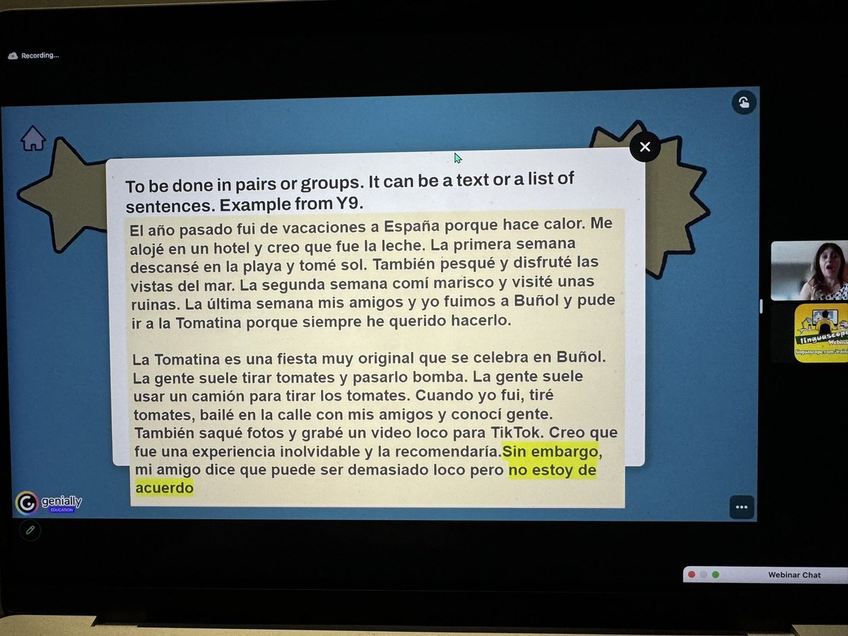 CristaHazell's tweet photo. Some fantastic ideas to develop language skills and #retrievalpractice of core vocabulary in my lessons says @BotonesSalgado in tonight’s @linguascope webinar #mfltwitterati #mflchat #langchat #newgcse #gcsemfl #retrievalpractice https://t.co/NCZXEJFZUE