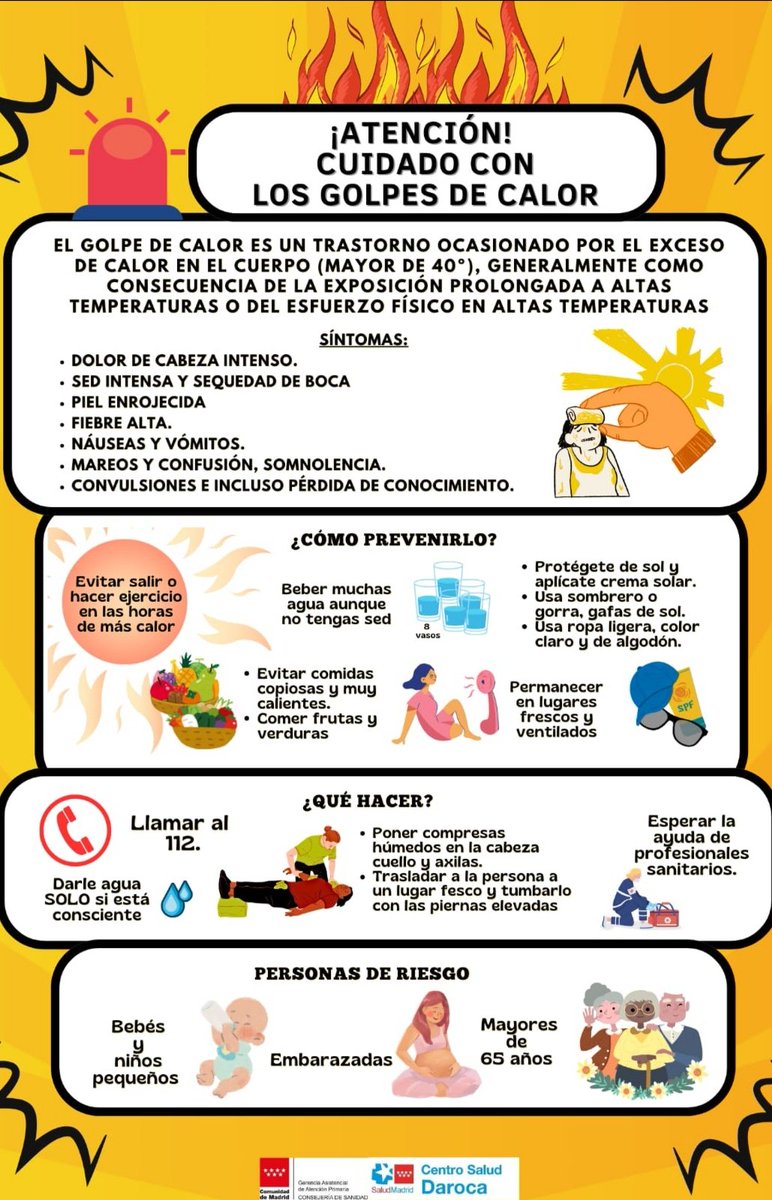 🔊 Se aproxima la primera ola de calor del verano...☀️ os dejamos información sobre cómo reconocer un golpe de calor y cómo actuar ⬇️
#atenciónprimaria