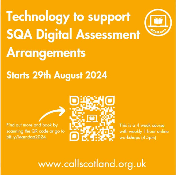 CALLScotland's tweet photo. You still have time to sign up for our NEW Course for 2024-25

Technology to support SQA Digital Assessment Arrangements.

Find out more or to book use the link or QR code below.

https://t.co/YL86Khaw6a

#CallLearn https://t.co/UTJgrgXAML