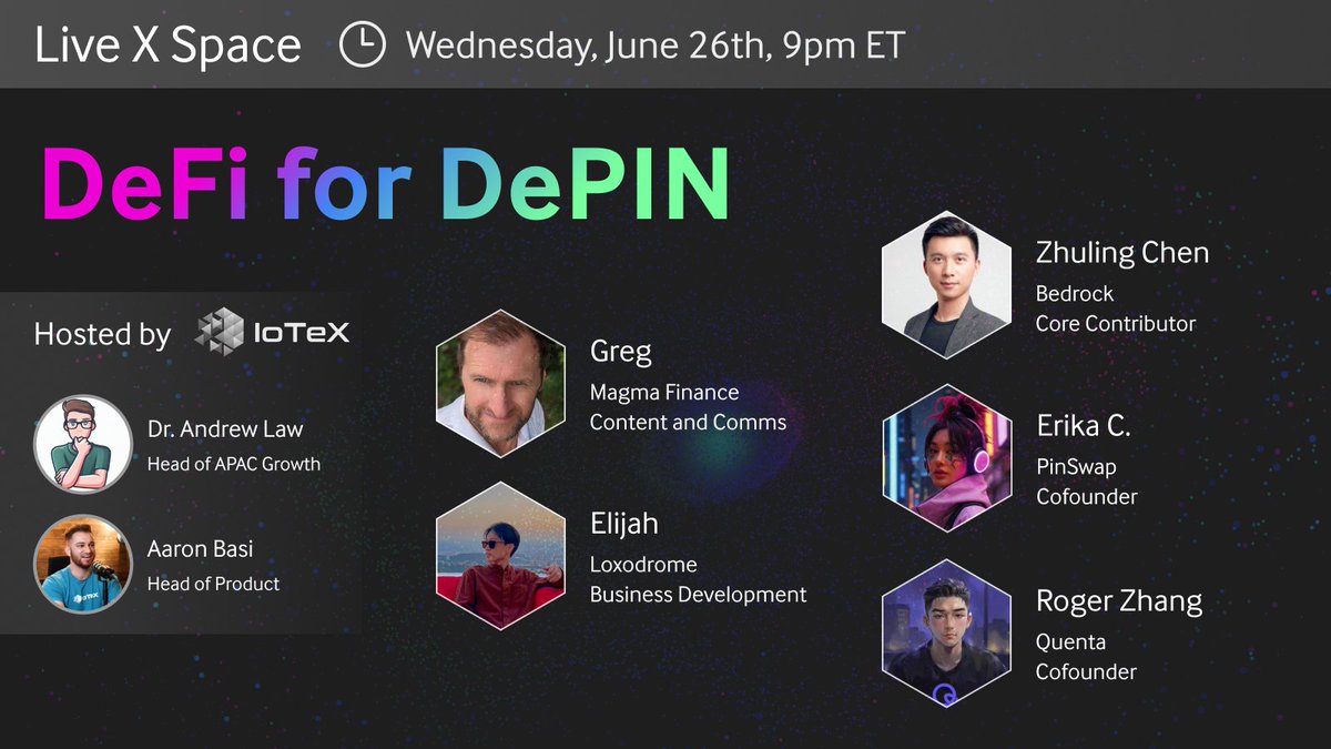 iotex_io's tweet image. Hear from 5 dedicated DeFi for DePIN protocols built on IoTeX LIVE tomorrow at 9pm ET.

Set your reminders: 

#DeFi4DePIN fuels growth, boosts liquidity, and democratizes access to DePIN's benefits for a wider audience.

🎙️ @pinSwap_ioTex @MagmaProtocol…