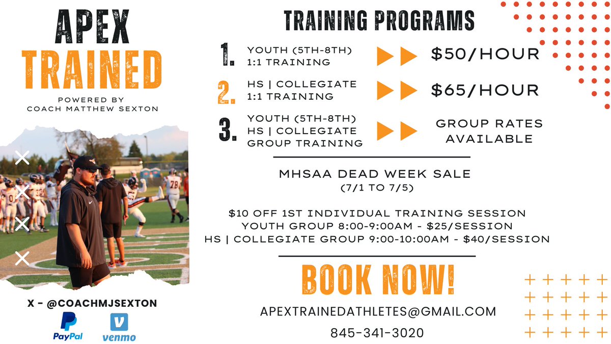 CoachMJSexton's tweet image. Excited to announce Apex Trained is kicking off! 

Schedule is open for summer training right here in Northville!

Don&apos;t miss out on the kick-off MHSAA Dead Week Sale Offers happening 7/1 - 7/5!

Contact me to get started! 💪🔥😤
#ApexTrained  #SpeedAndAgility #FootballTraining