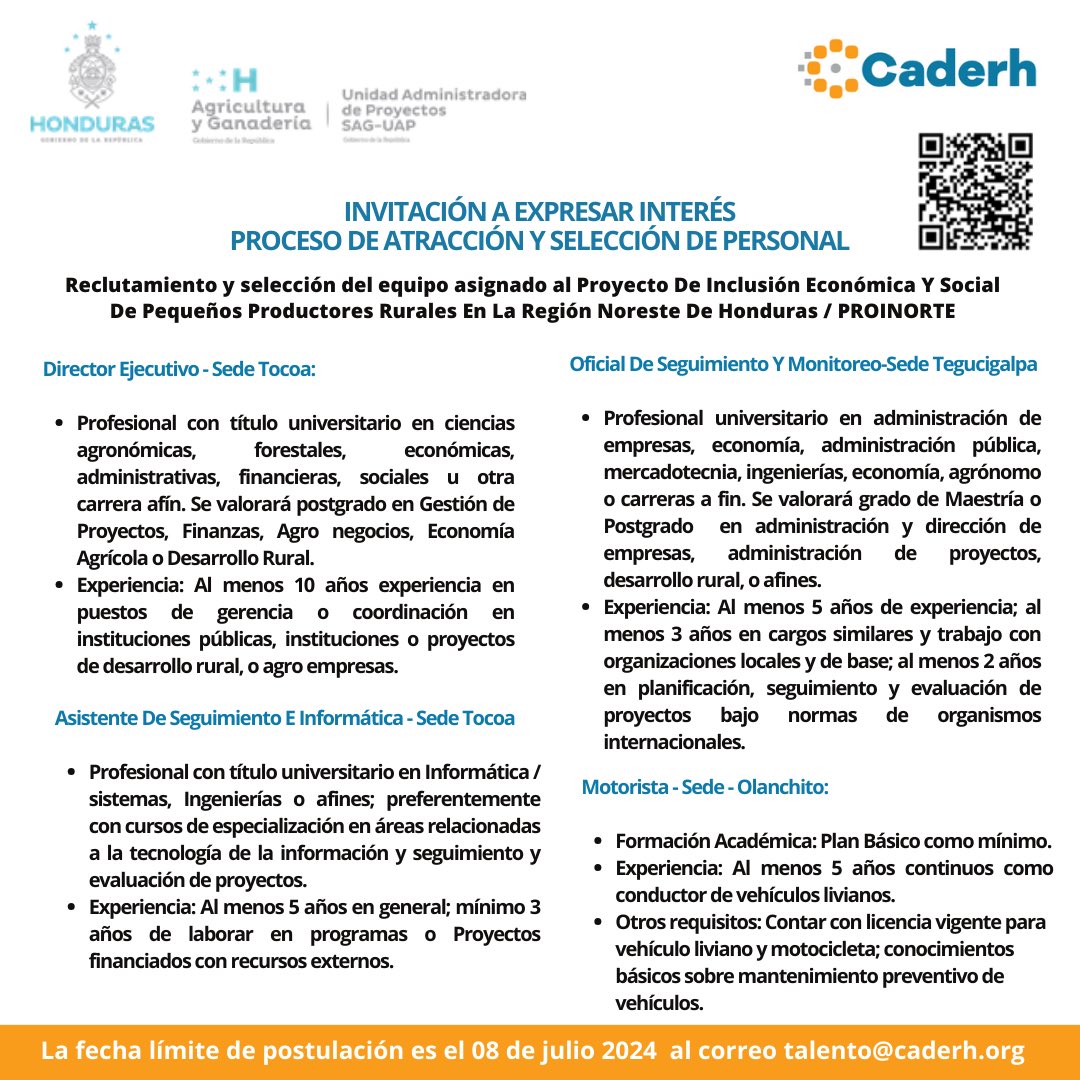 Atención ‼️

Reclutamiento y selección del equipo asignado al Proyecto De Inclusión Económica Y Social De
Pequeños Productores Rurales En La Región Noreste De Honduras / PROINORTE