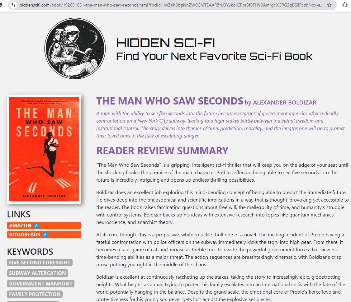 Boldizar's tweet image. "The Man Who Saw Seconds is a wildly ambitious masterpiece of speculative fiction that fires on all cylinders. With its blend of audacious ideas, blistering action, emotional heft, and sparkling prose, it instantly establishes Alexander Boldizar as a major voice in sci-fi.…