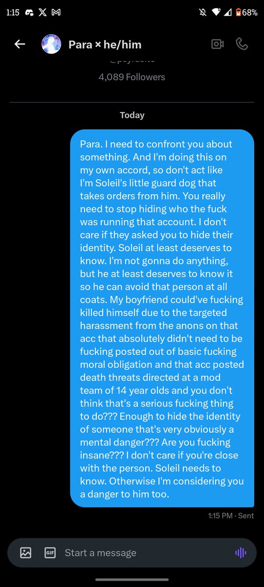 CallMehSoleil's tweet photo. So apparently Para thinks it's just fine that my boyfriend could've killed himself due to harassment. Enough to hide the identity of who was behind that anon confession acc at that. Enough to post about the situation without even asking Soleil his side or communicating. -Atti https://t.co/WyNbay4SrH