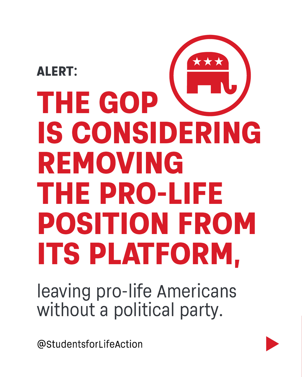 SFLAction's tweet image. Credible rumors are that some within the GOP want to weaken the 100% pro-life platform of the Republican Party, harming our chances of electing pro-life champions who will help us abolish abortion. We need your help to keep this from happening! 

studentsforlifeaction.org/webcast/