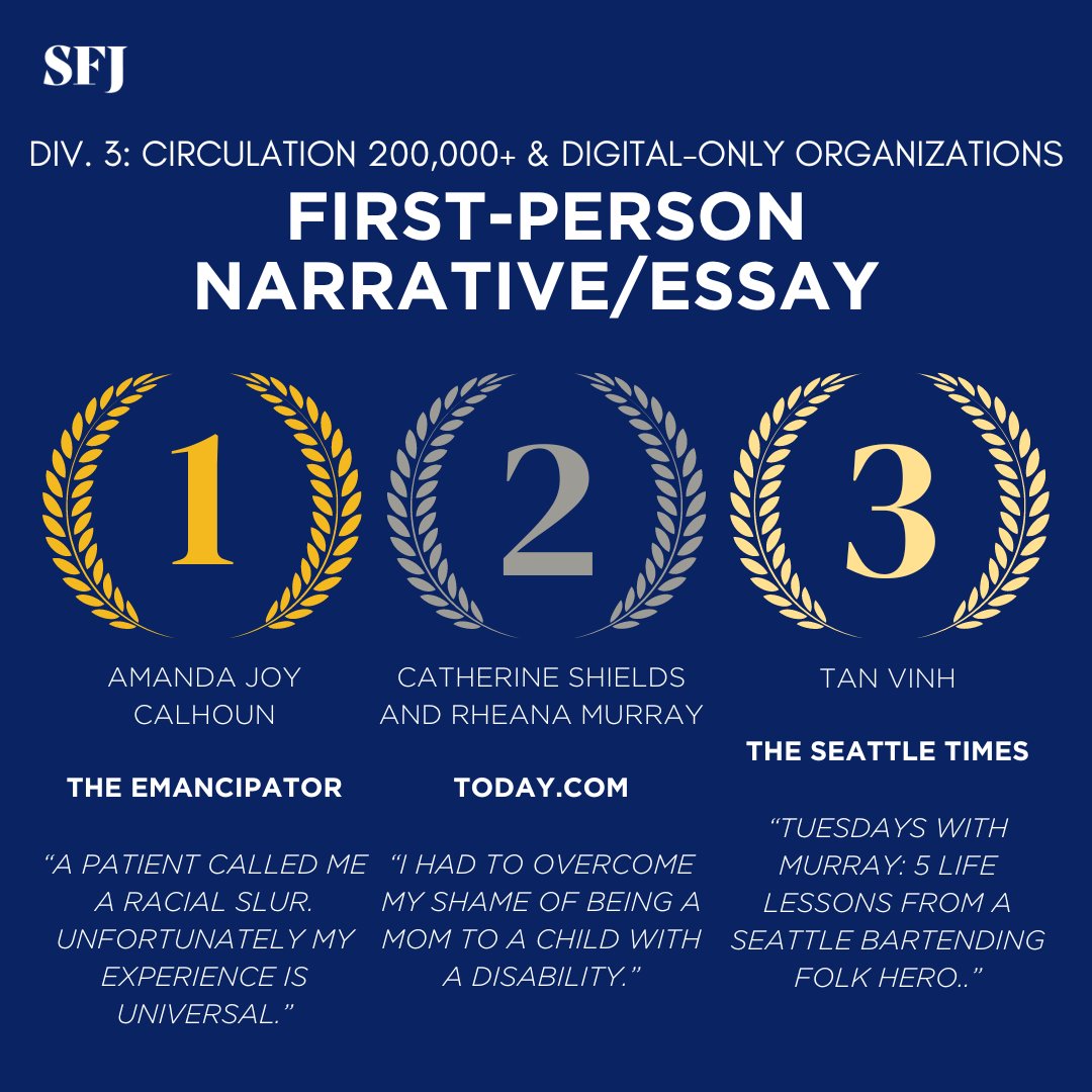 WeAreSFJ's tweet photo. First-Person Narrative/Essay: A single story written as an essay or in the first-person POV 

First place: @AmandaJoyMD 
Second place: @Catshields1 &amp; @RheanaMurray 
Third place: @TanVinhseattle  
Honorable mention: @MaryKForrest &amp; Rebecca Dube for @todayshow https://t.co/HG7pJP0KVk