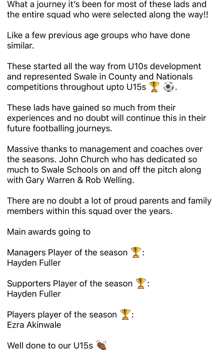 Swale Schools FA (@swalessfa) on Twitter photo Finally ……
Massive well done to our U15s. Most have represented Swale in <a href="/kentschools_fa/">Kent Schools FA</a> competitions from
since U10s development! 👏. Along with representing us in <a href="/SchoolsFootball/">English Schools' Football Association</a> comps.
Cracking journey for them in rep football and memories created for them to take away Finally ……
Massive well done to our U15s. Most have represented Swale in <a href="/kentschools_fa/">Kent Schools FA</a> competitions from
since U10s development! 👏. Along with representing us in <a href="/SchoolsFootball/">English Schools' Football Association</a> comps.
Cracking journey for them in rep football and memories created for them to take away