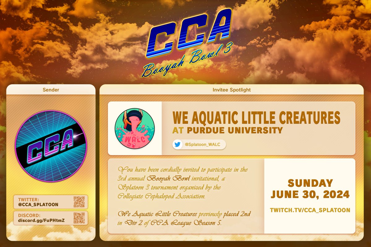 Collegiate Cephalopod Association (@cca_splatoon) on Twitter photo ✨ Booyah Bowl Invite Drop ✨
Introducing... We Aquatic Little Creatures!
Carrying Boilermaker Special's (the previous Booyah Bowl champion) torch, Purdue's <a href="/Splatoon_WALC/">We Aquatic Little Creatures</a> has been making waves this year, finishing 2nd in Division 2 during Season 5 ✨ Booyah Bowl Invite Drop ✨
Introducing... We Aquatic Little Creatures!
Carrying Boilermaker Special's (the previous Booyah Bowl champion) torch, Purdue's <a href="/Splatoon_WALC/">We Aquatic Little Creatures</a> has been making waves this year, finishing 2nd in Division 2 during Season 5