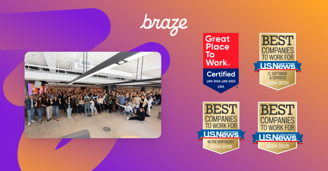 Braze was named by @gptw_us as the #7 Fortune Best Workplace in New York™ (Small&amp;Medium) and by <a href="/usnews/">U.S. News & World Report</a> as one of the Best Companies to Work For in the Northeast, Best IT, Software &amp; Services Companies to Work For, and Best Companies to Work For overall. dy.si/ZyXHFK