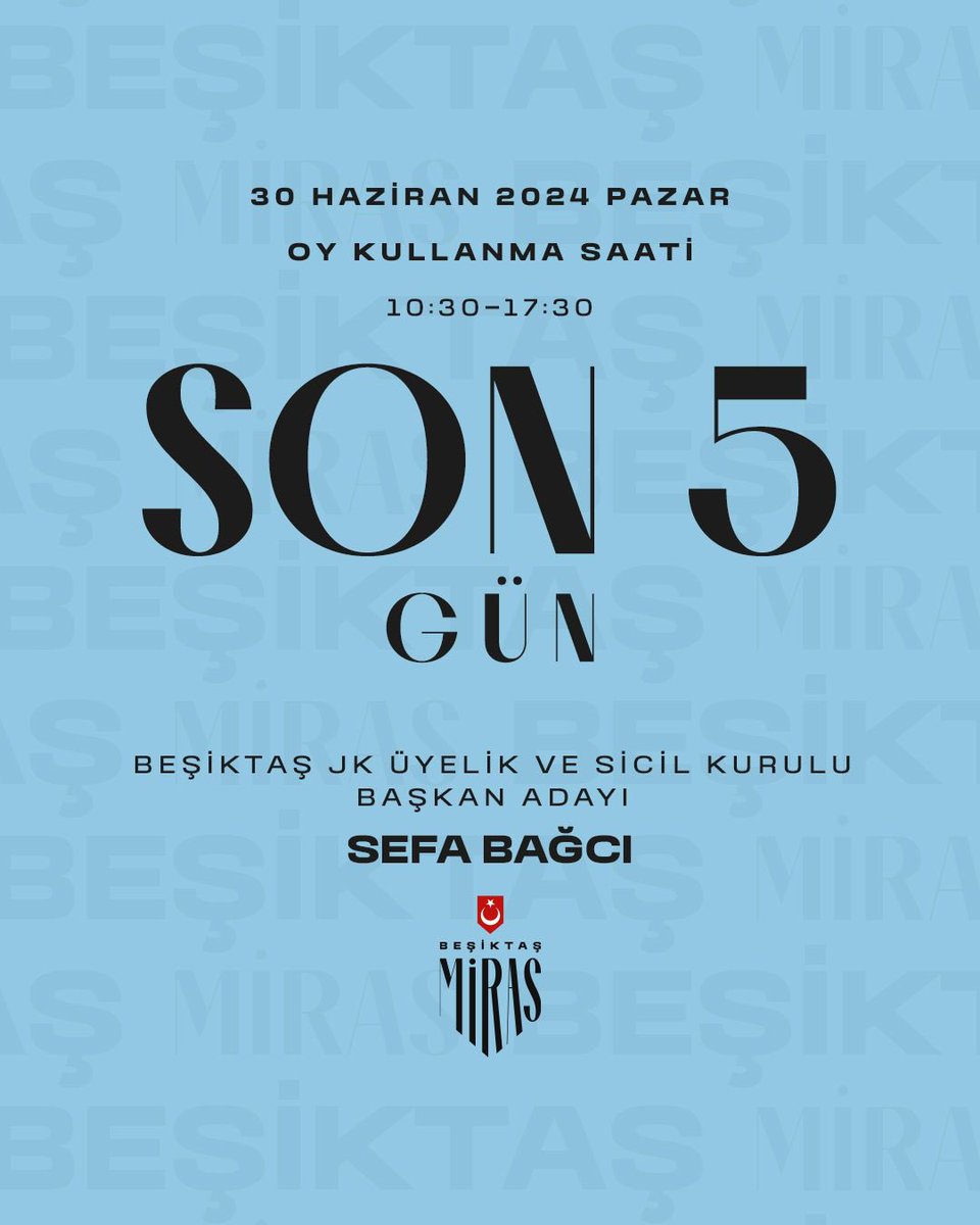 "Mavidir Beklenen!"

Motorların maviliğe sürülmesine SON 5 GÜN!

30 Haziran Pazar günü herkesi oy kullanmaya davet ediyoruz.

Beşiktaş JK Üyelik ve Sicil Kurulu Başkan Adayı
Sefa BAĞCI

#MaviListe #MirasBeşiktaş