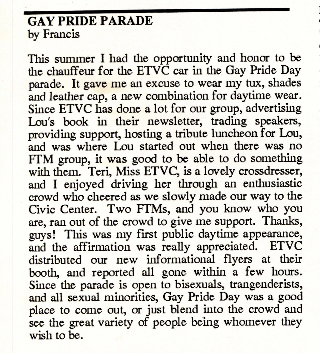 TransArchives's tweet photo. An article from FTM Newsletter (1991) from "Francis" talking about their experience at a "gay pride parade" in San Francisco.
We've digitized all 67 FTM Newsletter issues. Read them online: https://t.co/Z9tEPIvl69
#uvic #yyj #ftm #trans #yyjpride #pride @UVicLib @UVicSC https://t.co/n881Fu69Ib