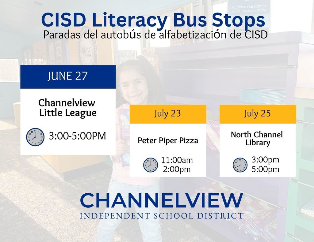 📚 Join us for the CISD Literacy Bus Stops event!🚌✨

📅 Date: June 27
📍 Location: Channelview Little League
(16502 Wood Dr.)
🕒 Time: 3:00 PM - 5:00 PM
 Don't miss out on this exciting opportunity to explore the world of books with CISD.
See you there!
#Intentional Excellence