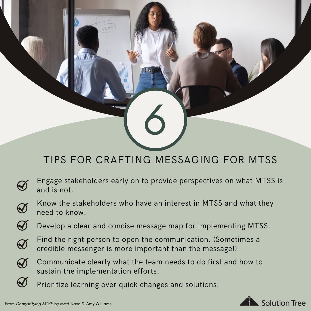 Solution Tree (@solutiontree) on Twitter photo When introducing staff to #MTSS, the right communication strategy can avoid confusion while building trust and collaboration so that MTSS becomes a team effort. Check out these tips from Demystifying MTSS.
๐๐bit.ly/3NuFWBJ
<a href="/MatthewNavo/">Matthew Navo</a> <a href="/WilliamsAmy007/">Amy Williams, Ed.D.</a> #RTI #K12 When introducing staff to #MTSS, the right communication strategy can avoid confusion while building trust and collaboration so that MTSS becomes a team effort. Check out these tips from Demystifying MTSS.
๐๐bit.ly/3NuFWBJ
<a href="/MatthewNavo/">Matthew Navo</a> <a href="/WilliamsAmy007/">Amy Williams, Ed.D.</a> #RTI #K12