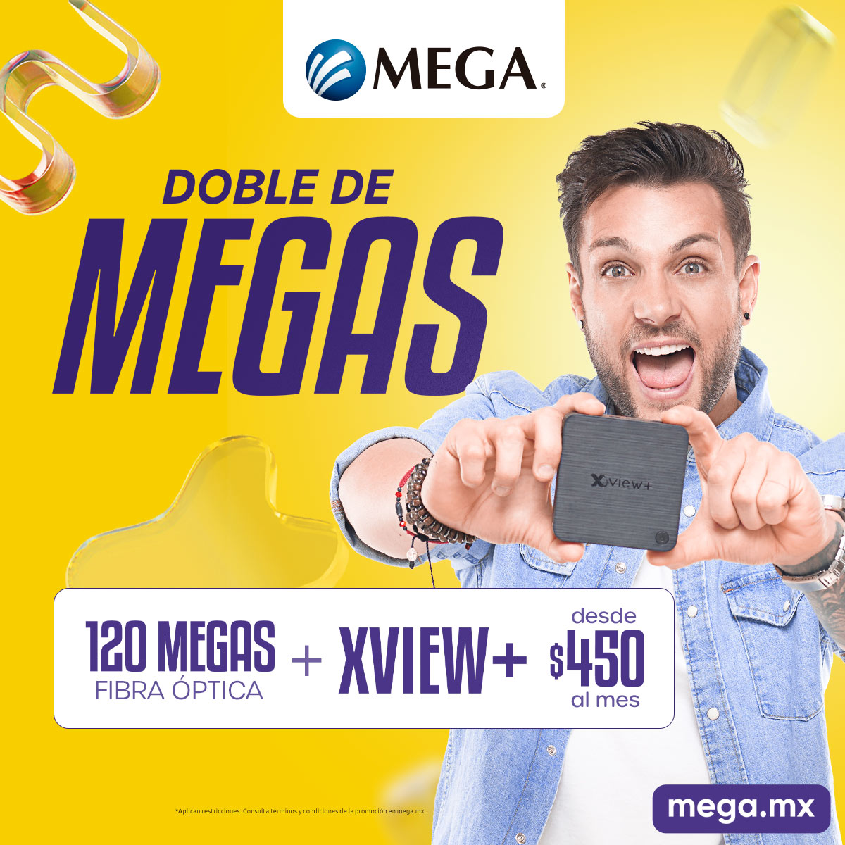 Megacable's tweet photo. 🌟 ¡Adquiere tu paquete #MegaMX con el DOBLE DE VELOCIDAD! ⚡ Disfruta de 120 megas con FIBRA ÓPTICA + #XviewPlus TV interactiva todo desde $450 al mes* ✨ ¡CONTRATA en https://t.co/4RnOvlUlUp y vive la mejor experiencia! 🚀🌐 https://t.co/G7smRhlDs3