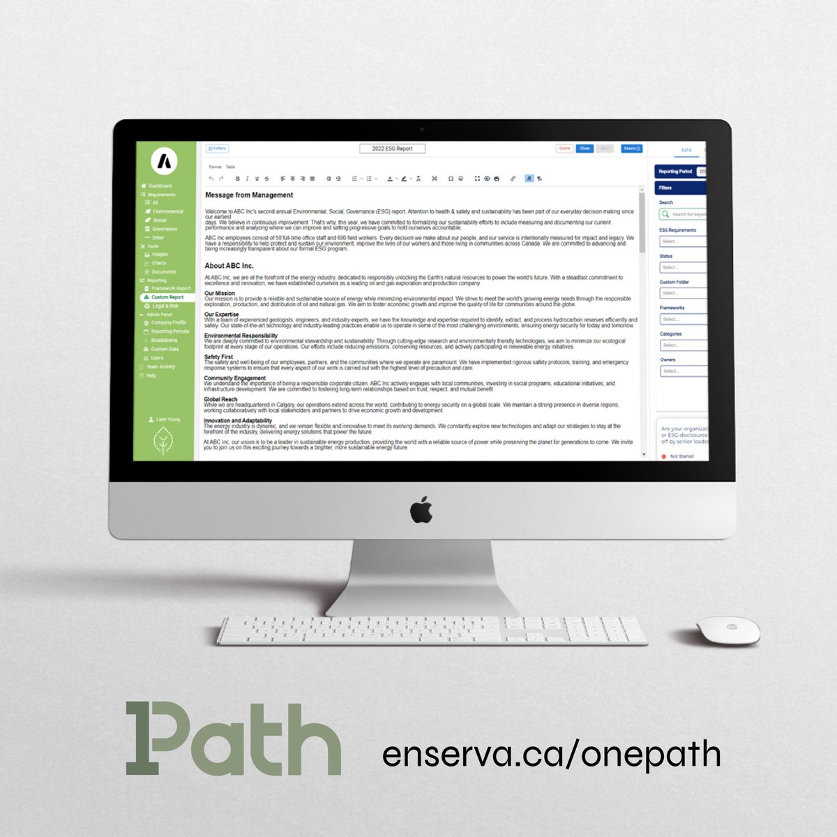 OnePath is setting the stage for sustainability in the energy industry! With a range of features for ESG reporting, users can efficiently manage ESG reporting while showcasing their commitment to responsible governance. Interested? enserva.ca/onepath
