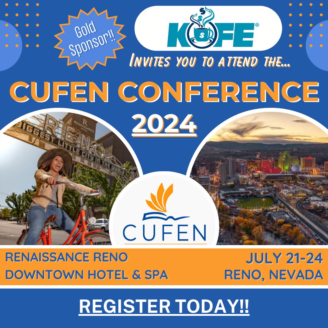 🔊 Credit Unions don't miss out! 
🤝Join KOFE at the @CreditUnionFinancialEducationNetwork Conference in #Reno, #Nevada, July 21–24. 
👉Spots are filling up fast. Register today: cufen.org/conference

#CUFEN #KOFE #Reno #CreditUnions #KOFEtime #Conference #Success #Networking