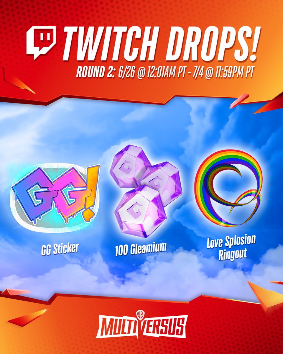 ✨️ TWITCH DROPS ✨️

Toon into your favorite #MultiVersus creators on Twitch between June 26th and July 4th to earn some exclusive freebies!