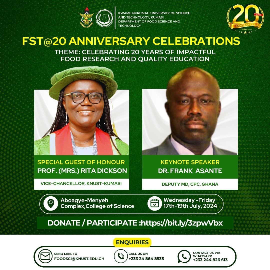 FST_KNUST's tweet photo. Join as as we celebrate Twenty Years of Impactful Food Research and Quality Education.

#FST@20
#KNUST
#ImpactfulResearch
#QualityEducation
@afsts_knust https://t.co/tulyf08e8B