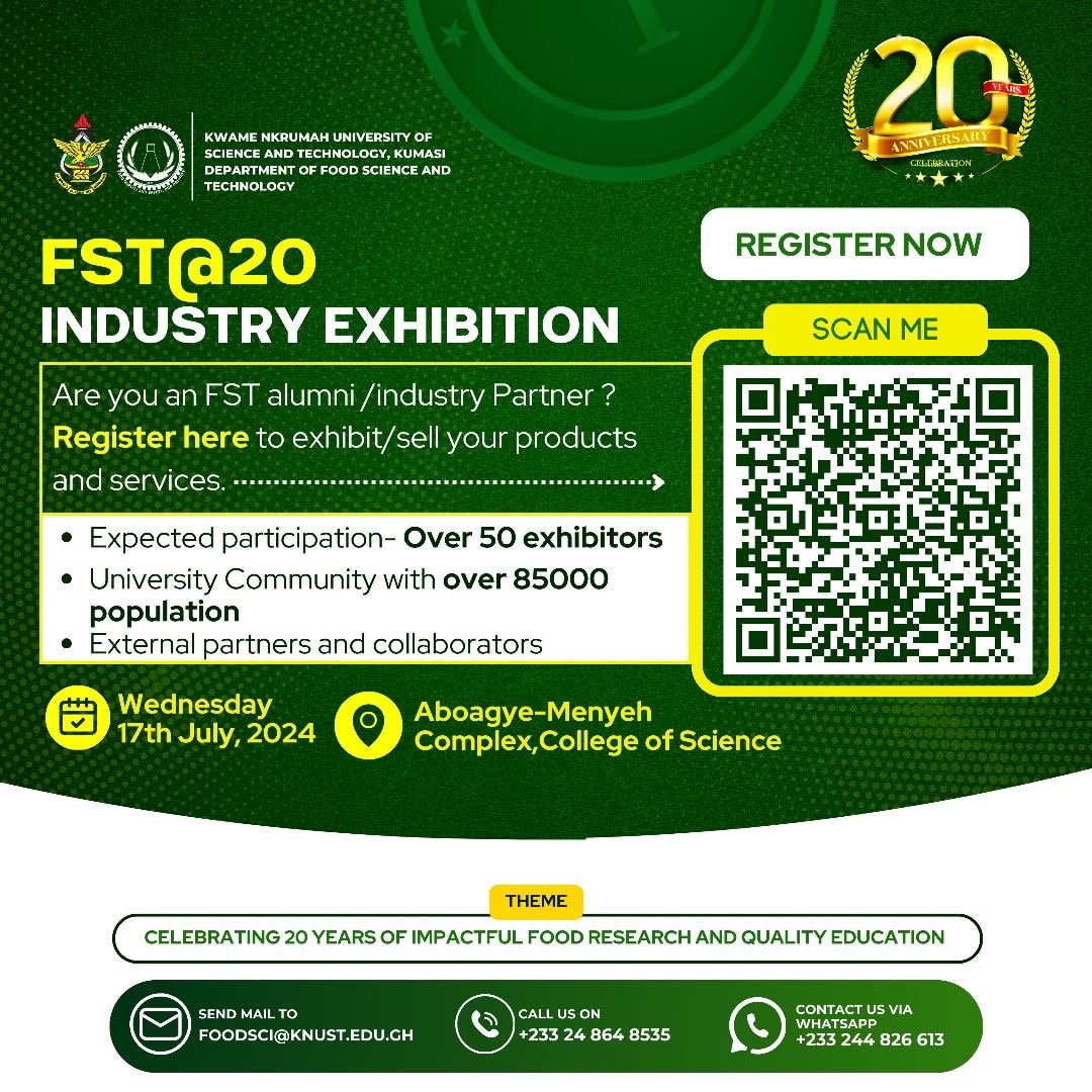 FST_KNUST's tweet photo. Join as as we celebrate Twenty Years of Impactful Food Research and Quality Education.

#FST@20
#KNUST
#ImpactfulResearch
#QualityEducation
@afsts_knust https://t.co/tulyf08e8B