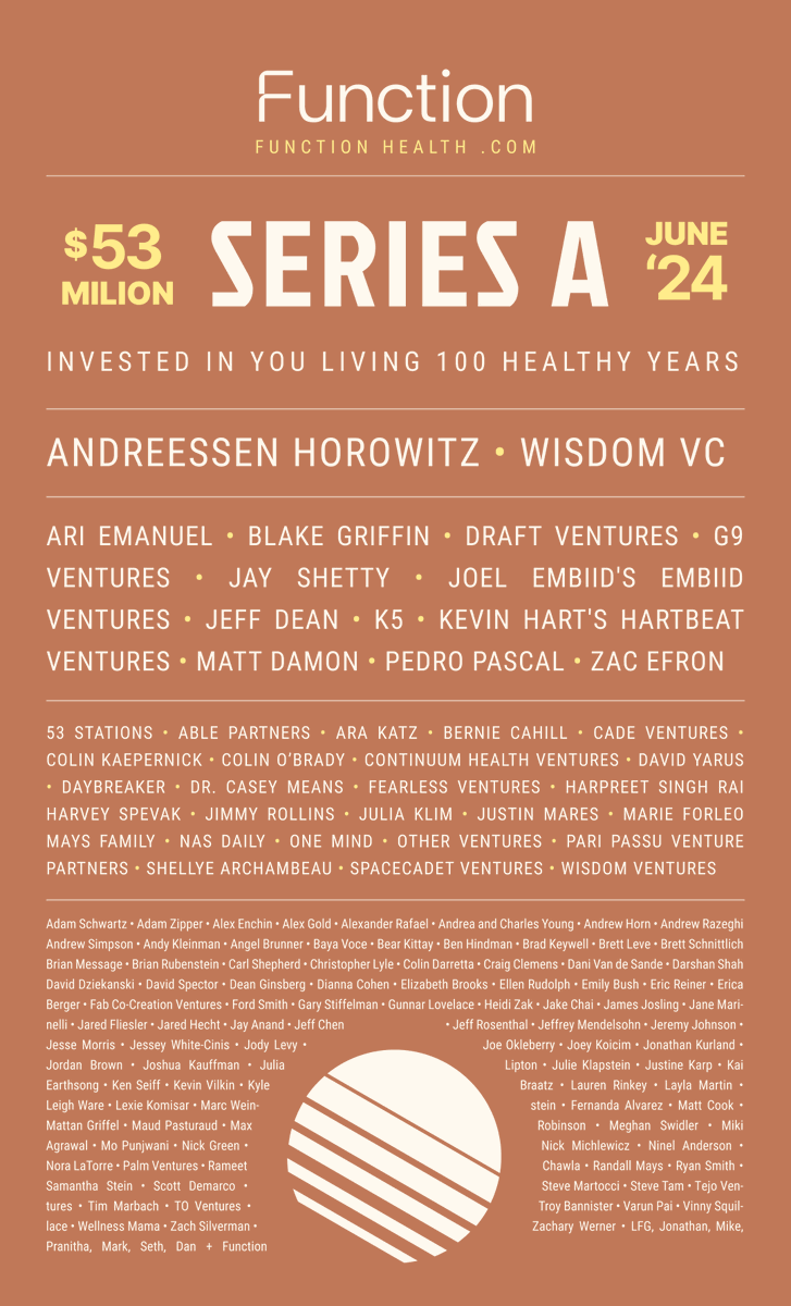 function's tweet image. It’s not about money. It’s about you.

Detecting cancer early. Strengthening your heart. Balancing hormones. Waking up with energy. Sleeping with ease. Feeling your best. Being present with people you love.

Our investor lineup—technologists, doctors, vc’s, actors,…