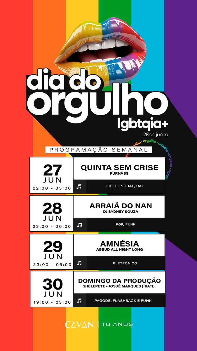 Esta semana aqui na Cavan 77 vamos celebrar o Dia do Orgulho LGBTQIAPN+! 🏳️‍🌈 

O nosso final de semana está cheio de eventos especiais para todos os Cavanners! Confira nossa programação: