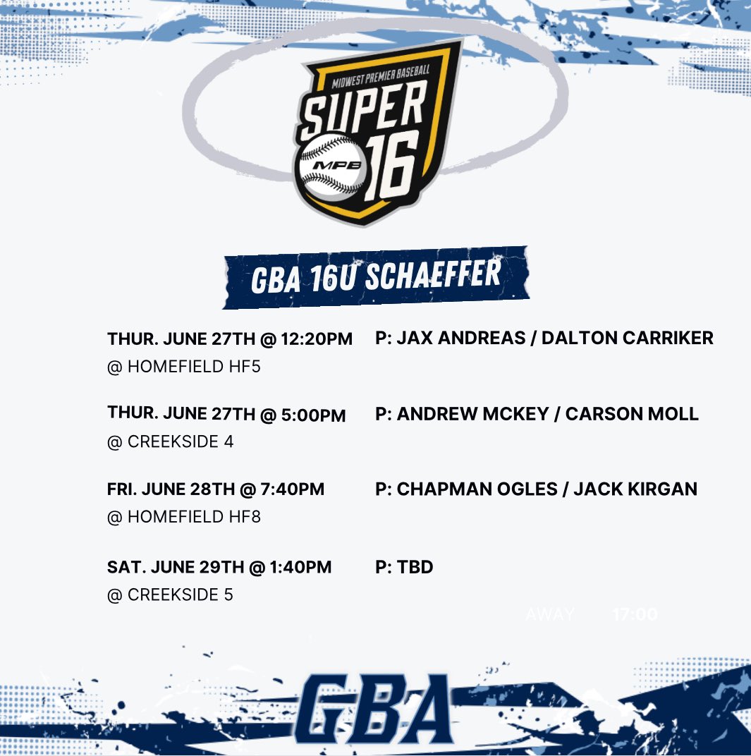 GBA Development (@gbadevelopment) on Twitter photo 16U Schaeffer ➡️ <a href="/MW_Premier/">Midwest Premier Baseball</a>
GM1: <a href="/andreas_jax/">Jax Andreas</a> / <a href="/DaltonC28/">Dalton Carriker</a>
GM2: <a href="/andrew_mckey22/">Andrew McKey</a> / <a href="/cmoll_10/">carson moll</a>
GM3: Chapman Ogles / <a href="/J_Kirgan8/">Jack Kirgan</a>
GM4: TBD 16U Schaeffer ➡️ <a href="/MW_Premier/">Midwest Premier Baseball</a>
GM1: <a href="/andreas_jax/">Jax Andreas</a> / <a href="/DaltonC28/">Dalton Carriker</a>
GM2: <a href="/andrew_mckey22/">Andrew McKey</a> / <a href="/cmoll_10/">carson moll</a>
GM3: Chapman Ogles / <a href="/J_Kirgan8/">Jack Kirgan</a>
GM4: TBD