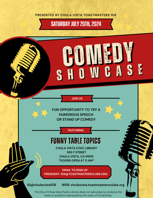 D5Toastmasters's tweet photo. Check out the Chula Vista 108 Comedy Showcase! https://t.co/JuGfty7I6e