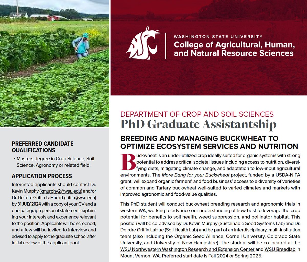 deirdregriff's tweet image. I am recruiting a PhD student (co-advised by @SeedSystemsLab) to work on breeding and managing buckwheat to optimize ecosystem services and nutrition. See below and link for more info on the position and how to apply! tinyurl.com/4t769r4b 
@soiltosociety