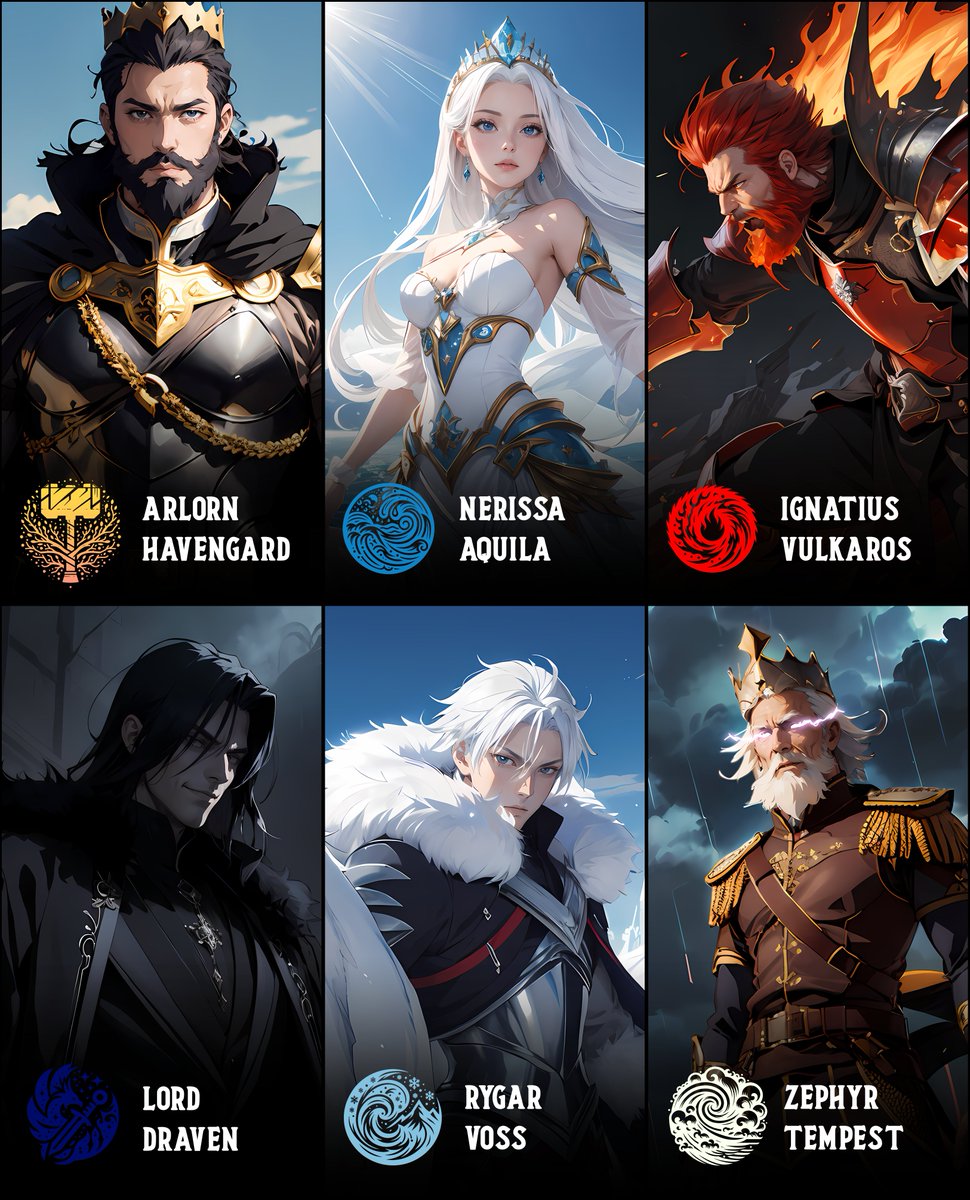 Darkseiders 🔥

In the obsidian depths of Zenthos, six sovereigns rule with unparalleled power:

 👑Arlorn Havengard:  Royal Family King
🌊Nerissa Aquila: Aqua Queen
🔥 Ignatius Vulkaros: Pyro King
🌑Lord Draven: Shadow Lord
❄️Rygar Voss: Galacio King
🌪️Zephyr Tempest:  Aero King