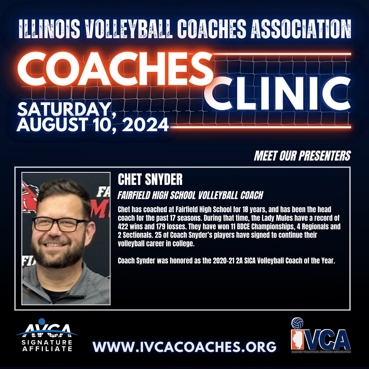 Meet our 2024 IVCA Clinic Presenters! 🔵🏐🟠 On Court Drills: Chet Snyder (Fairfield High School Girls Volleyball Head Coach) Early Registration Is open at ivcacoaches.org.  See you at Bolingbrook High School August 10th Illinois! #IllinoisGrown <a href="/StagsVB/">Fairfield Volleyball</a>