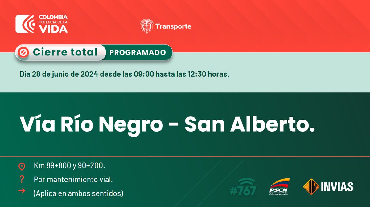 ¡Buenas tardes!

#NovedadVial en el departamento de #NorteDeSantander se reporta cierre total programado en el km 89+800 y 90+200. #EnDesarrollo

Trabajamos para mantenerte informado.
