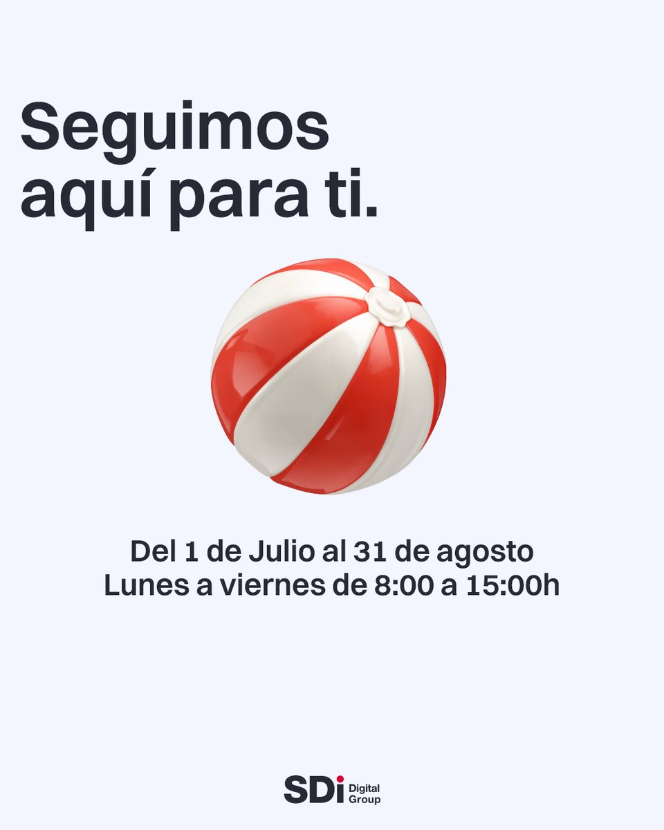 ¡Horario de Verano! 📢

🌞 Durante los meses de julio y agosto, nuestro horario de atención será de lunes a viernes, de 8:00h a 15:00h

❤️ Seguimos aquí para ti 

#HorarioDeVerano #SDiDigitalGroup #AtenciónAlCliente #Verano2024 #VeranoSDi