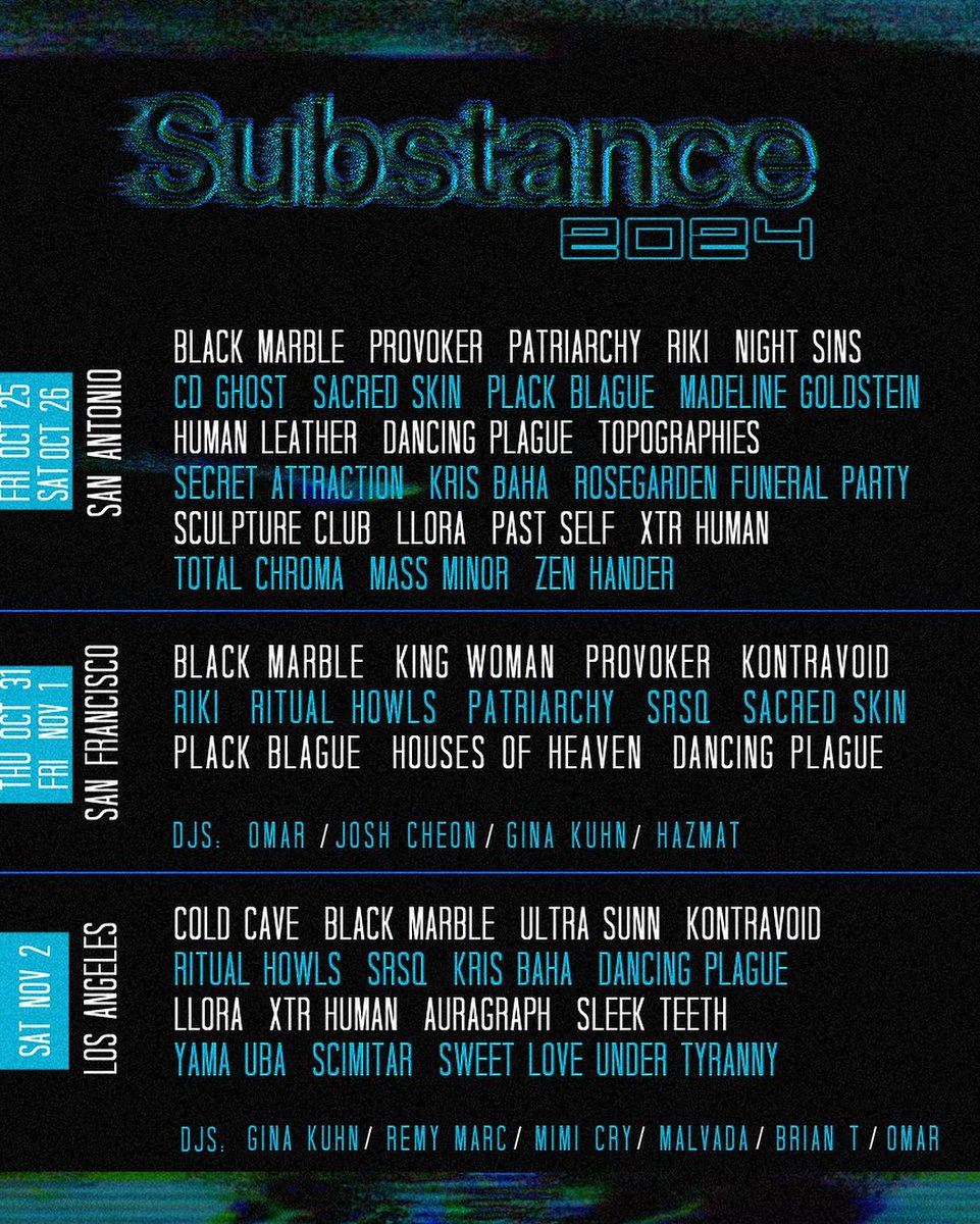 Cold Cave, King Woman, Black Marble, Kontravoid, Ritual Howls, Ultra Sunn, Provoker y Night Sins forman parte de Substance, festival que este año se realizará en tres ciudades diferentes: tinyurl.com/bdstyrj3