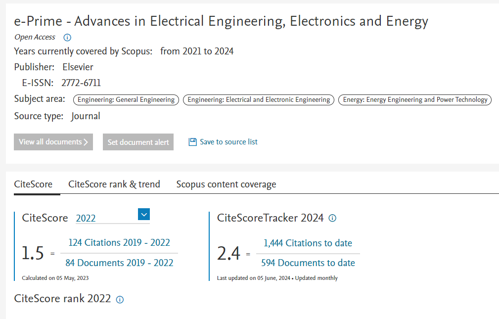 As a new launched journal in #electricalengineering, #electronics, and #energy, the CiteScore of Elsevier's e-Prime Journal rises stably.

CiteScore 2023 = 2.1
CiteScore 2022 = 1.5