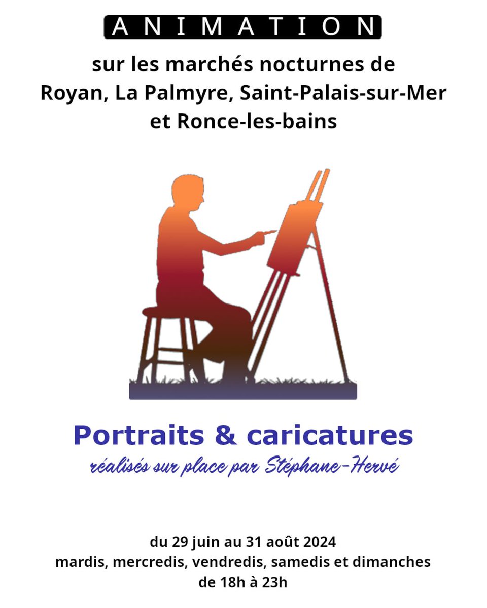 stephanehervart's tweet photo. Portraits et caricatures sur les marchés nocturnes de #royanatlantique, réalisés sur place ou à la commande, en pose ou d'après photo.

#marchénocturne #royanatlantiquetourisme #royan #lesmathes #lapalmyre #saintpalaissurmer #roncelesbains #latremblade https://t.co/RBKq5MpfIf