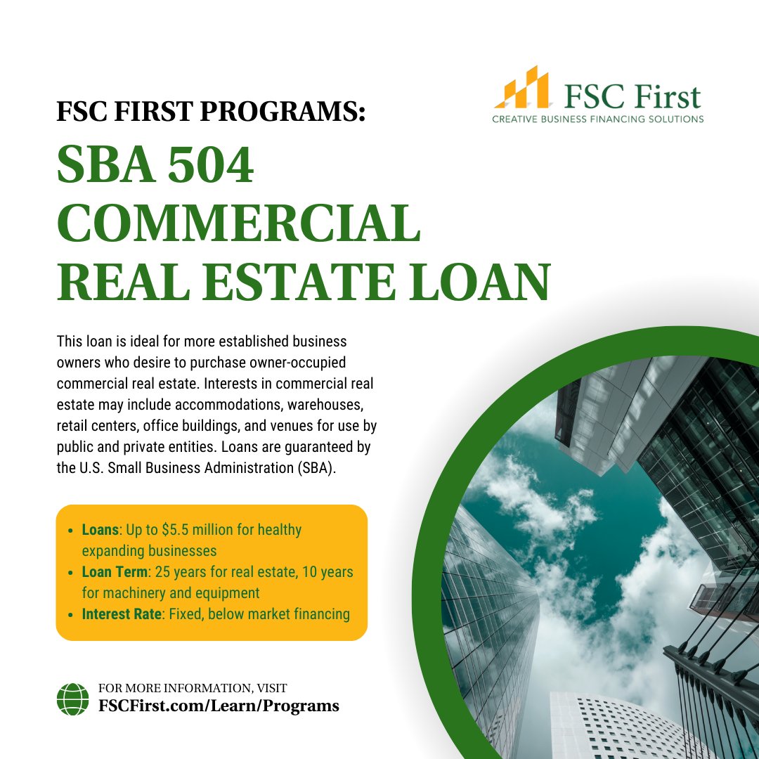 Established business owners: Ready to own your commercial space? Our SBA 504 Loan offers up to 90% financing for properties like warehouses &amp; office buildings, with competitive fixed rates. Learn more and apply: fscfirst.com/learn/programs…!

#CommercialRealEstate #SBALoan #CDFI