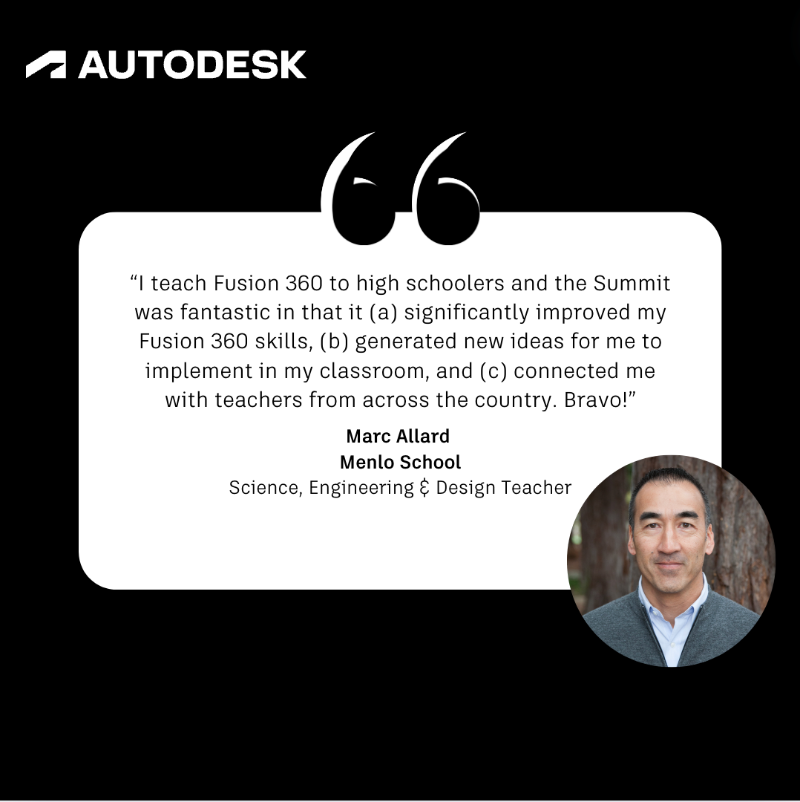 AutodeskEDU's tweet photo. Join us at this year's Design and Make Educator Summit.💡

Check out last year's attendee feedback and join us to uncover industry trends, make connections, and gain new classroom strategies. 📚

Register now ⬇️
https://t.co/kLMeKrk4XN 

#TeachWithAutodesk #MakeAnything