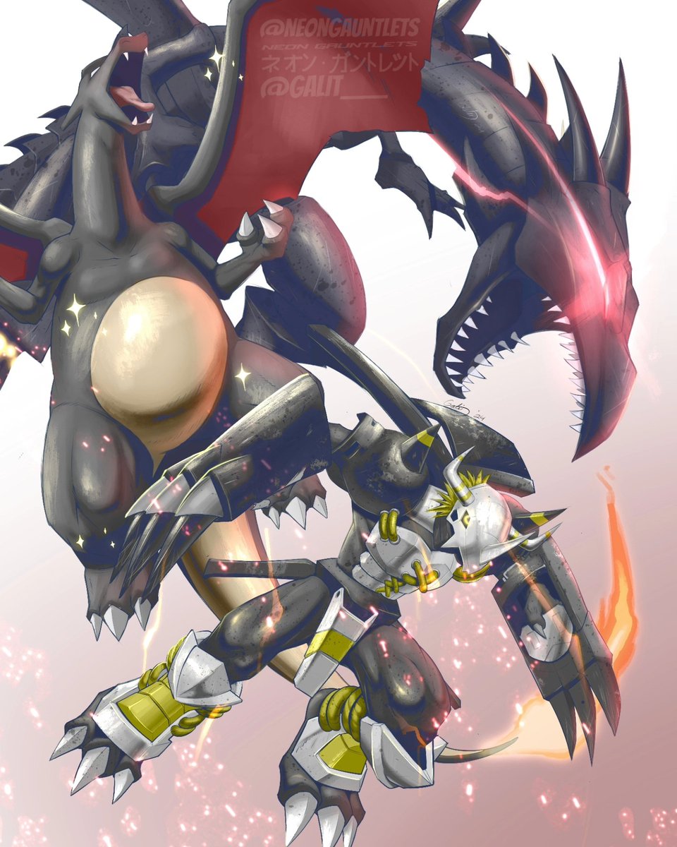 Trio drawing. Blackwargreymon, shiny Charizard and red eyes black dragon.  #pokemon #digimon #yugioh, image size:960x1200